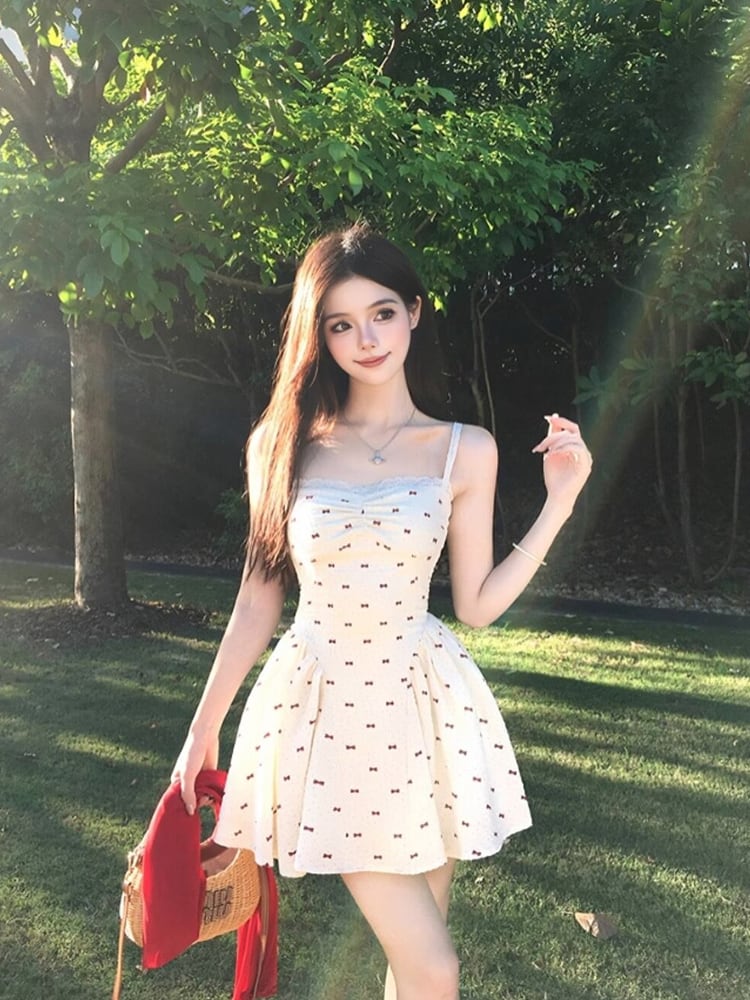 レッドリボンモノグラムシフォンキャミソールワンピース