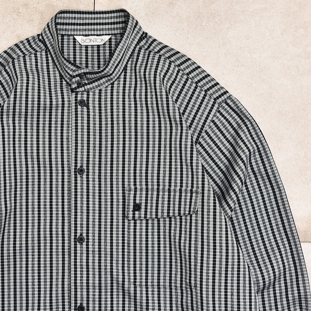 90s～ BONTON stripe band collar poly shirt