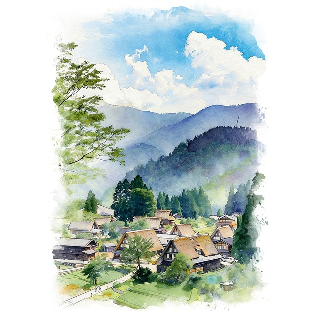 絵画 日本 富山県 五箇山相倉合掌造り集落の初夏 風景画 インテリアアート額付き 水彩画・油絵風 WAT0187