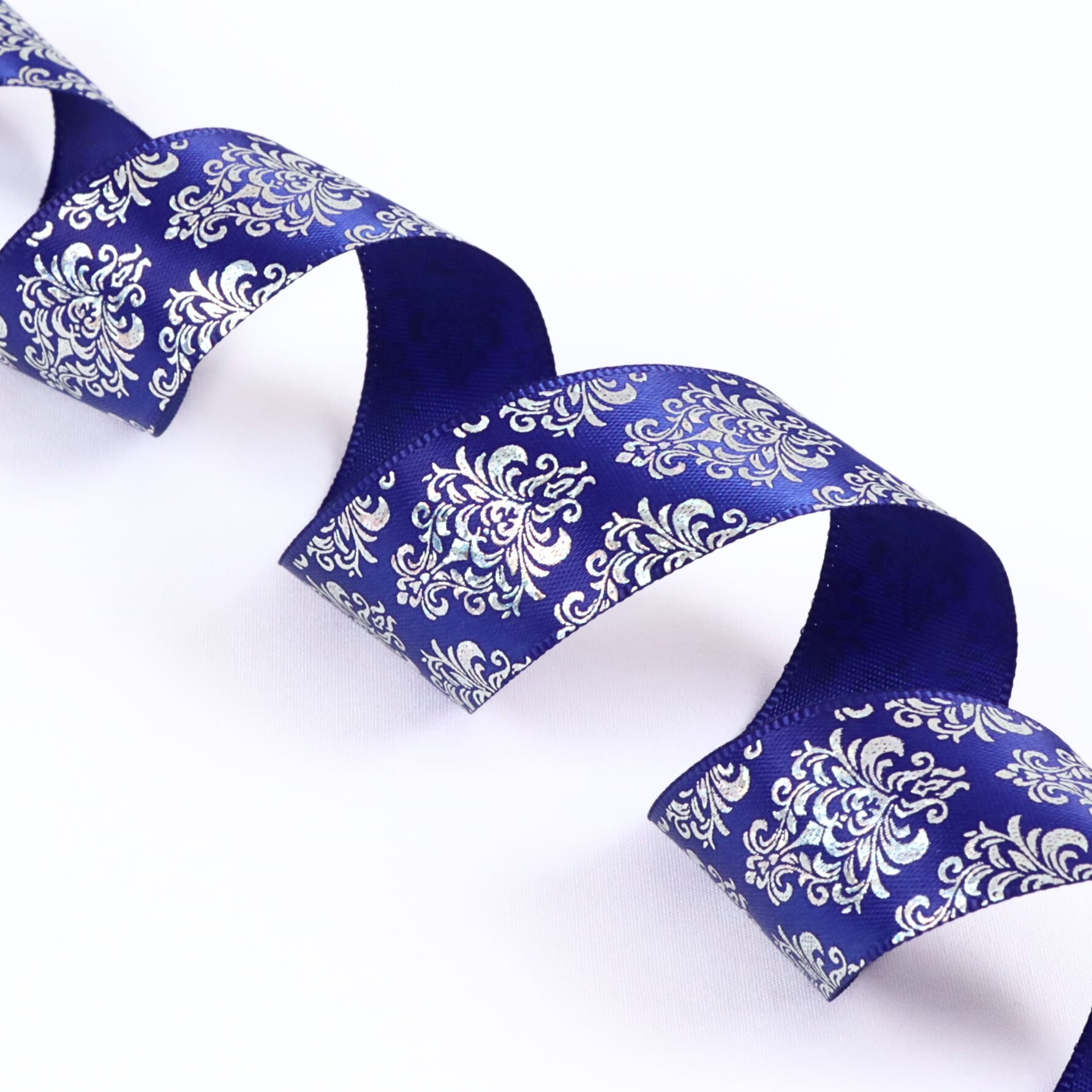 ダマスク柄 サテン リボン 幅約25mm 布 プリント シルバー 24色