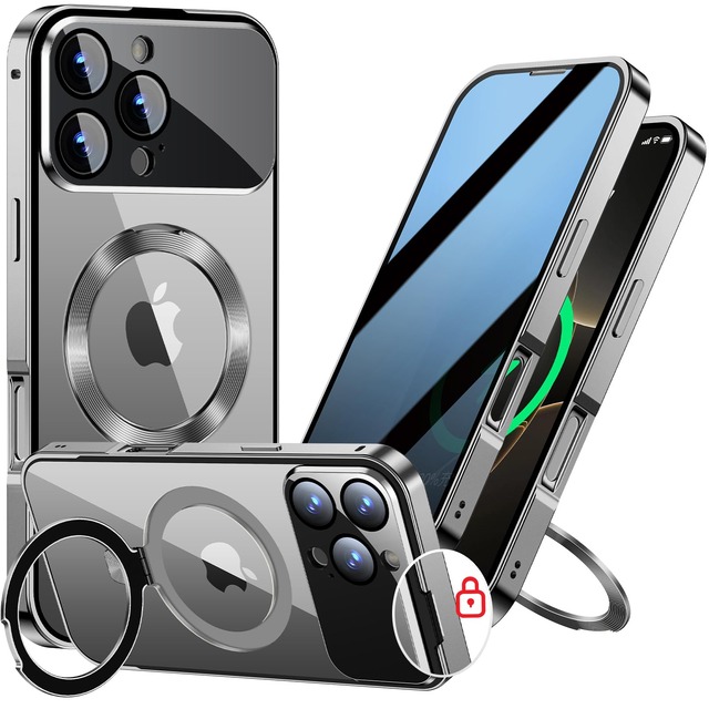 【スライドカバー磁気ロック・覗き見防止・新次元の一体型カメラ保護 +CD隠しスタンド】iPhone 18 Pro Max 用 ケース(チタングレー)