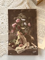 アンティークポストカード Poisson d'Avril ４月の魚 ポワソン フラワー 1918年  額装 インテリア フランス