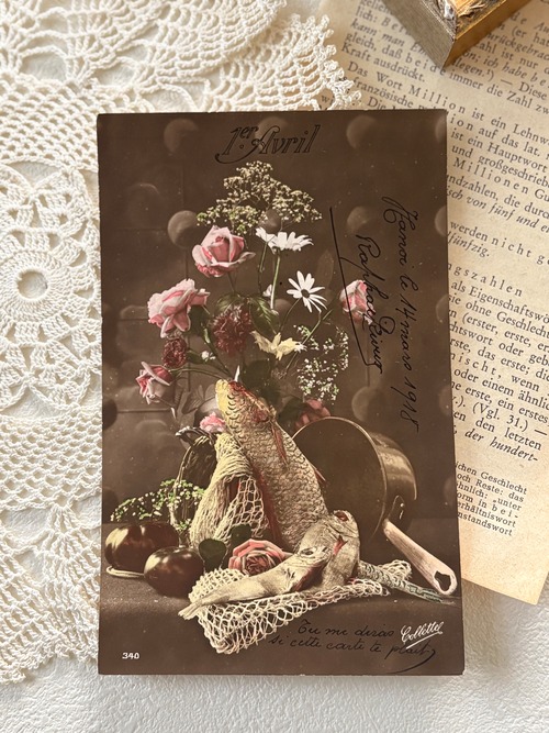 アンティークポストカード Poisson d'Avril ４月の魚 ポワソン フラワー 1918年  額装 インテリア フランス