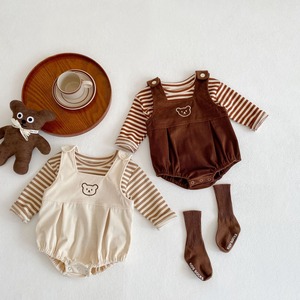 【BABY】韓国風ベビー服 春新作クマ柄サロペット＆ボーダーＴシャツ　セット