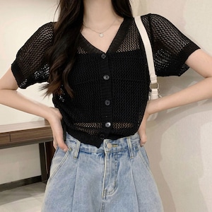 メッシュ ニット カーディガン レディース 春夏秋 韓国 透かし編み きれいめ 大人 かわいい トップス 羽織り おしゃれ 重ね着 Vネック ゆったり 肌見せ 大人可愛い 大人女子