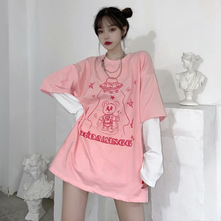 スタイルルーズカジュアルTシャツ スプリングプリント柄ツーピースロング 長袖 かわいい 春物 ステッチ ケッペル82570042097