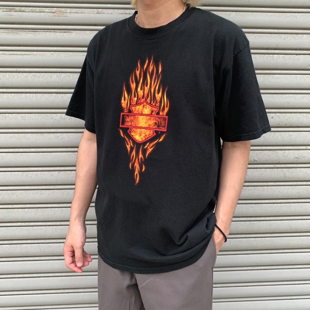 ハーレーダビッドソン　両面プリントTシャツ　フレイムパターン　ブラック　L