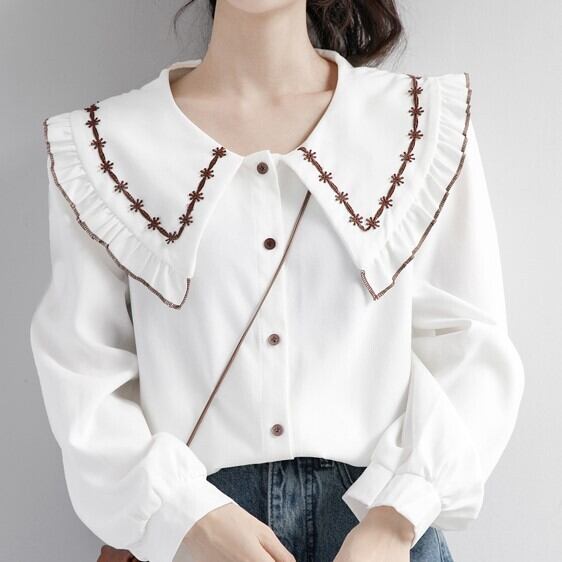 トップス レディース 送料無料 シャツ ブラウス 長袖 ビッグカラー かわいい 大人可愛い きれいめ 上品 エレガント 清楚 フェミニン おしゃれ お洒落 ナチュラル こなれ感 ラブリー キュート ガーリー ロマンチック 抜け感 華やか 爽やか 主役級 存在感 無地 学生 通学 デート お出かけ 女子会 休日 S M L XL 2XL ホワイト 白 春 20代 30代 40代 ママ 韓国 韓国系 着回し 普段使い 体型カバー プチプラ モテ