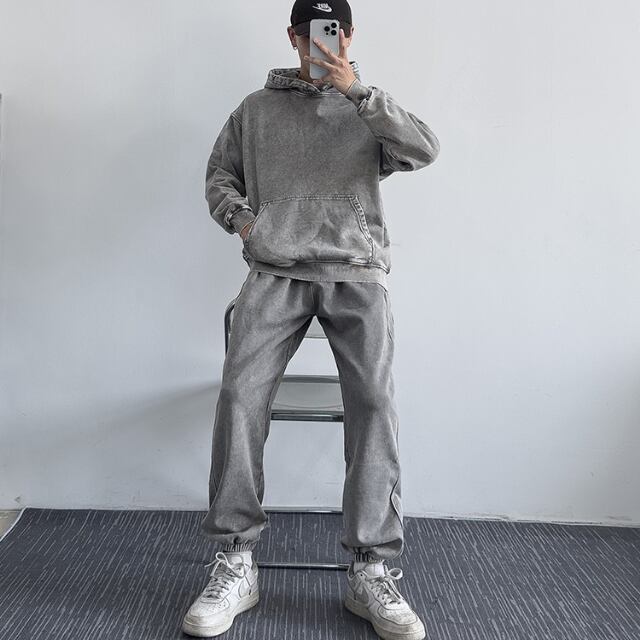 【予約販売】メンズ セットアップ 上下 長袖 ウォッシュ加工 ライトグレー ダークグレー スエット パーカー フード ルーズ 男前 スエット 韓国 パンツ セット ジム カジュアル 部屋着 リラックス ルームウエア 韓国 トレンド 大きいサイズ S/M/L/XL/2XL