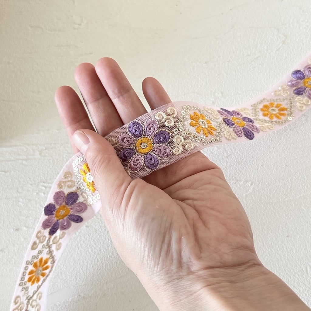 45r花あそび刺繍のフロントリバー（再び）専用です ピュアリー [オレンジパープル]インド刺繍リボン 3634 | インド刺繍