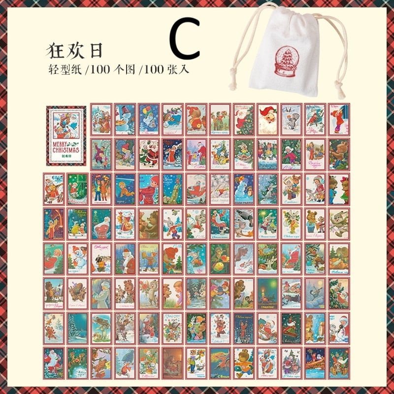 【クリスマス】豆本 巾着 素材紙 100枚入AB28 サンタ スノーマン クマ クリスマスツリー レトロ アンティーク調 デザイン様々 ほぼ日 海外 コラージュ素材