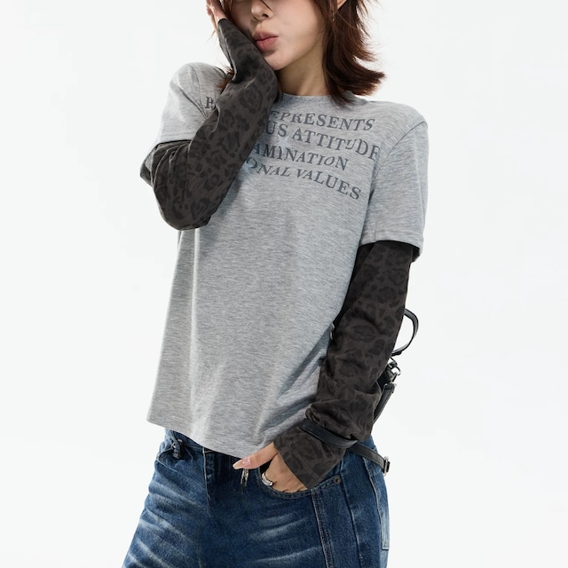 leopard-sleeve layered long tee　レオパードスリーブレイヤードロングティー　J2100