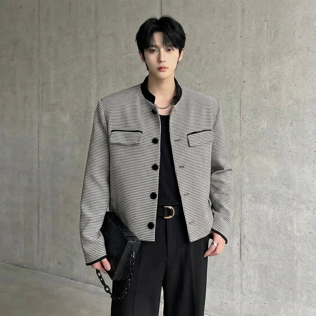 モードクラシック 千鳥格子スタンドカラージャケット D12053