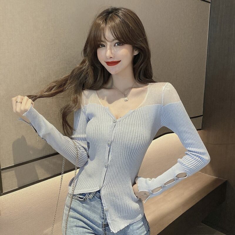 オータムVネック薄手メッシュセーター トップス 秋物 ステッチ ハンチェンe64495736783