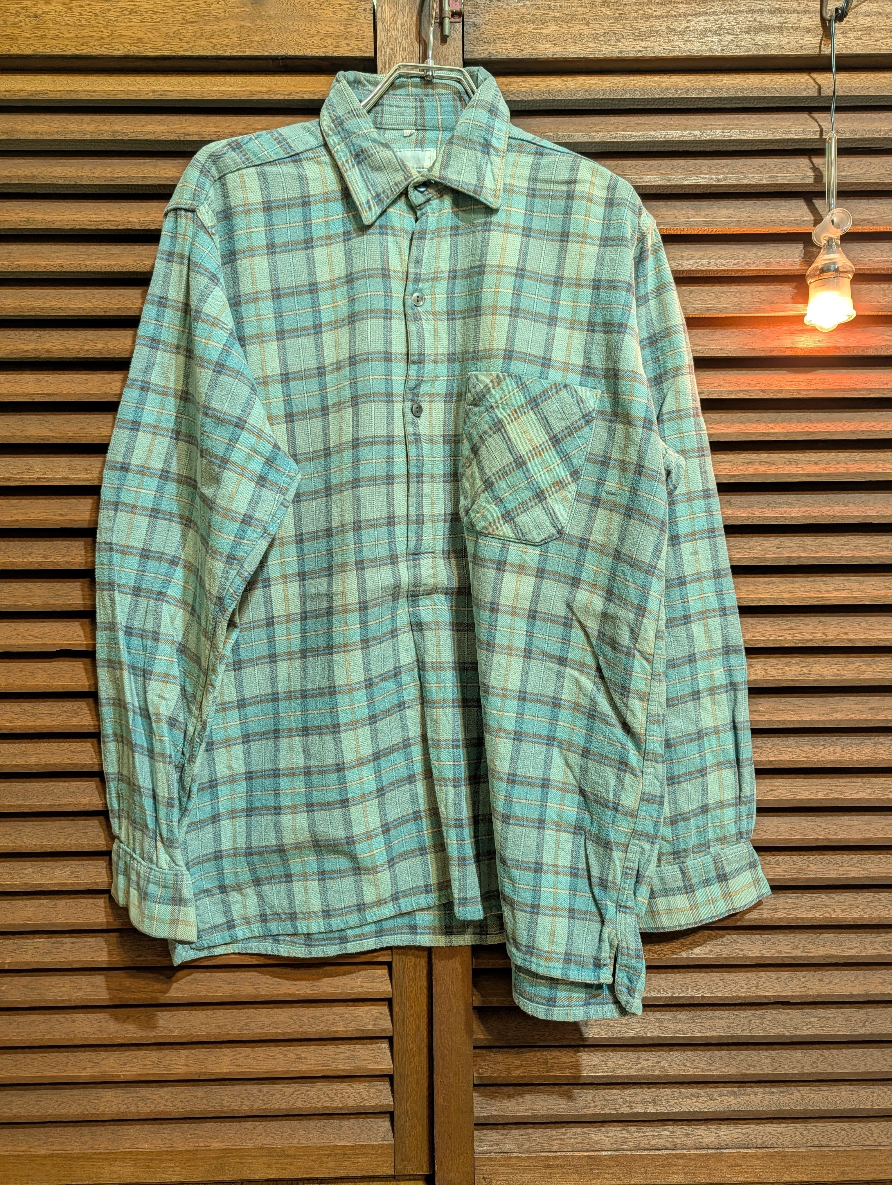 60-70s France Check GrandpaShirt Fade Green Brown