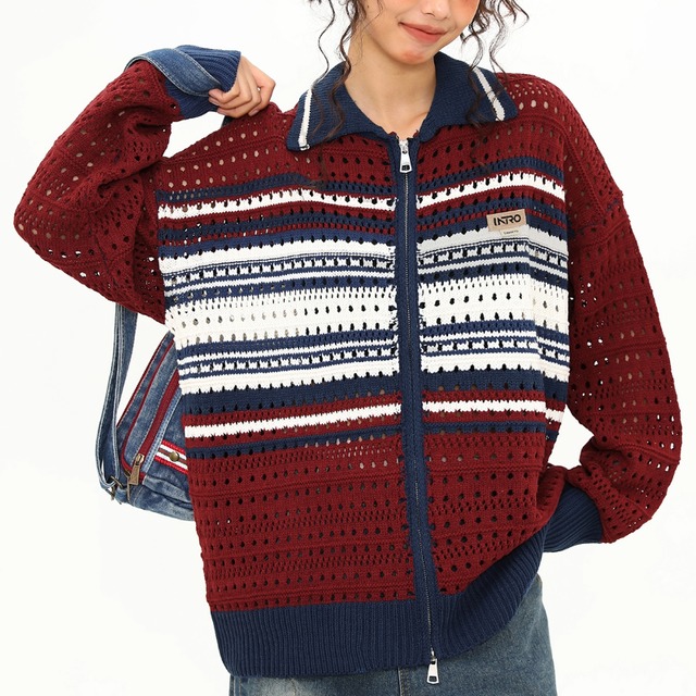 border mesh zipper knit　ボーダー切替メッシュジッパーニット　J1538