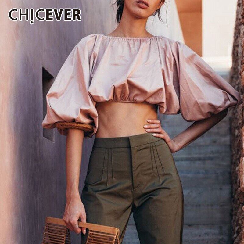 CHICEVERセクシーシャツ女性スラッシュカラーランタン長袖背中の開いたウエストブラウス2020スタイル ロング 6base536896878420