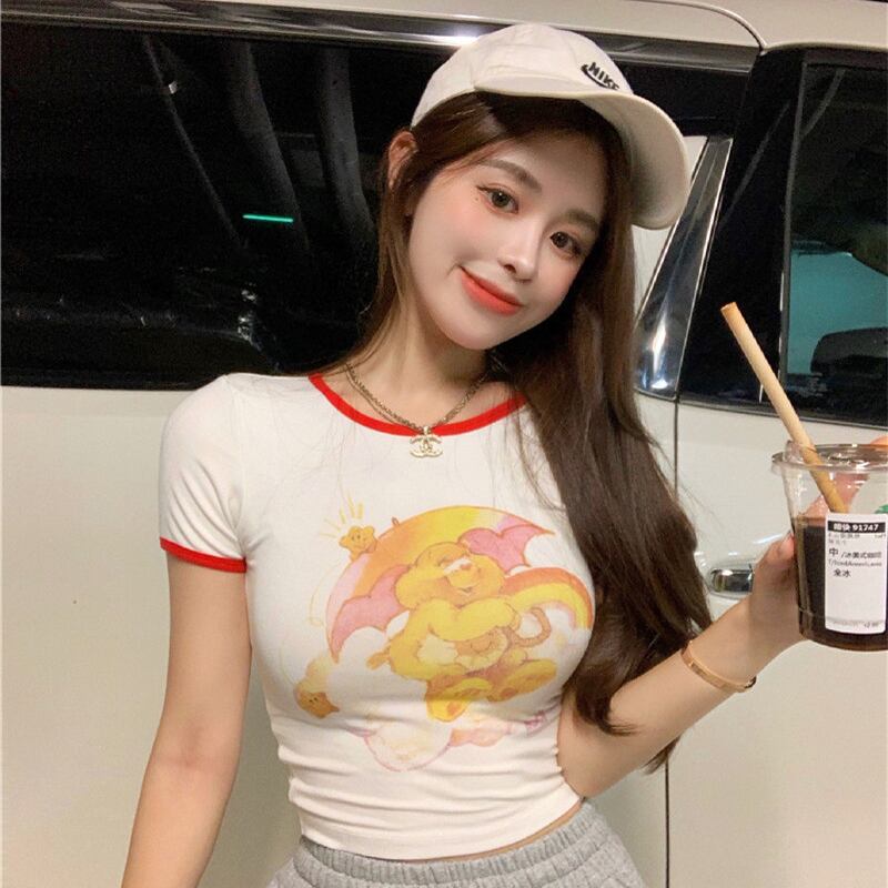 サマースリムショートハイウェストウェストレッドトップス プリント柄半袖スリーブレディース ハーフスリーブ 夏物 ドラファッションホール59077180446