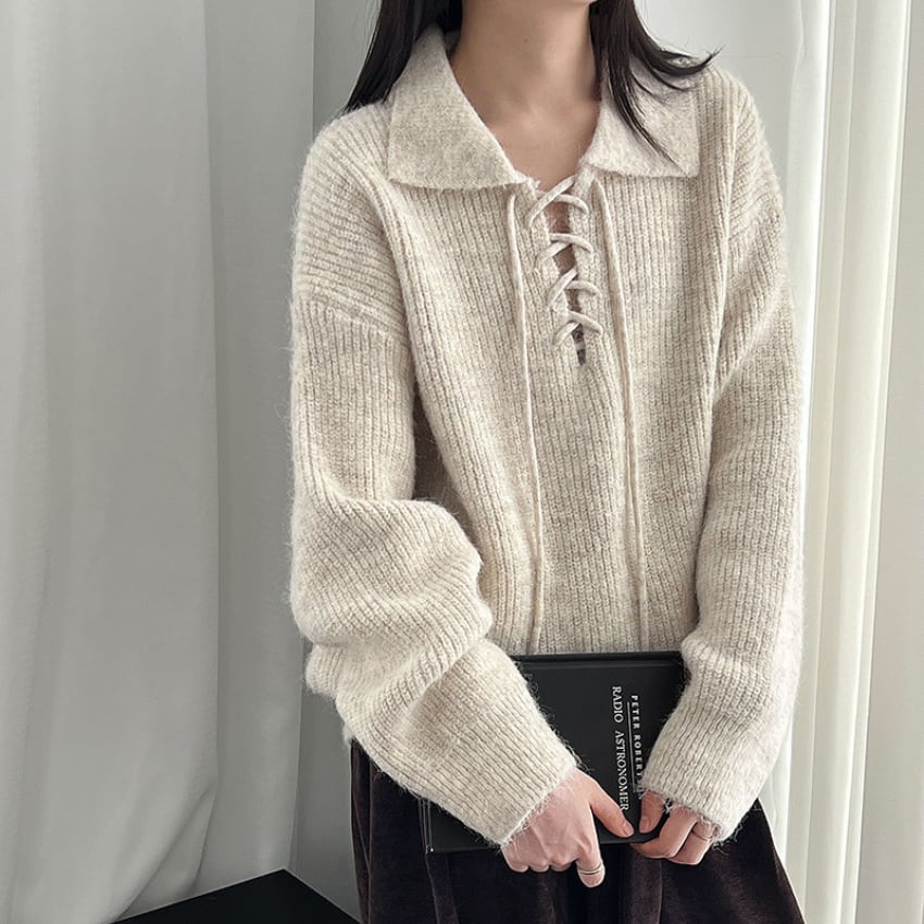 lace-up open collar knit　J00078