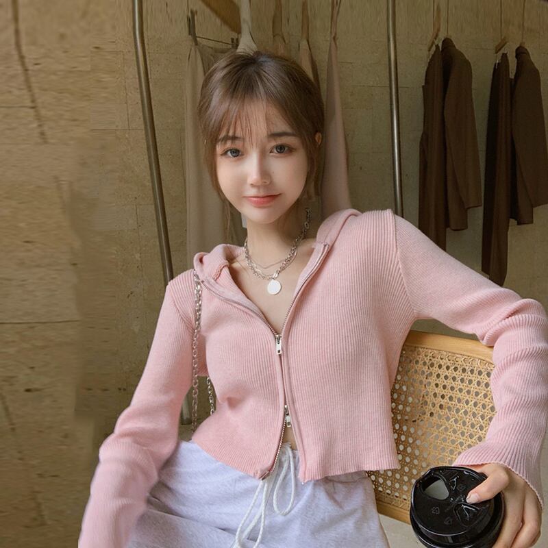 スプリングセーター カーディガンジャケット フードジッパーショートニットレディース ピンク 春物 スーパーモール4141186092