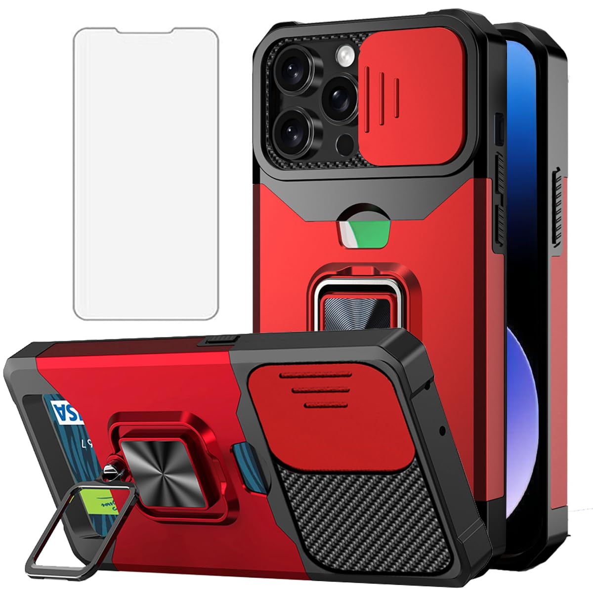 NKECXKJ iPhone 16 Pro ケース用 + 强化 ガラス フ フィルム 財布型カード収納 スマホケース 横置き機能リング スタンド 耐衝撃 Case Cover アイフォン16プロ いphone16pro アイフォン16pro 対応 背面 カバー メンズ (赤)