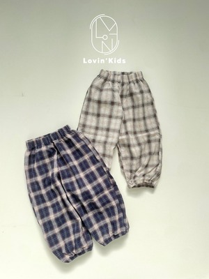 【Lovin'】サマーチェックナチュラルパンツ 90〜140cm ネイビー 240523