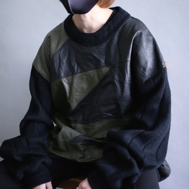 "ツキハギ" switching real leather loose silhouette mode knit sweater