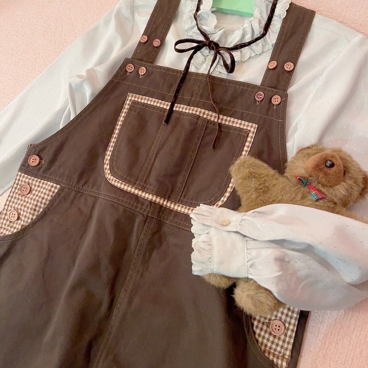 gingham check brown salopette skirt