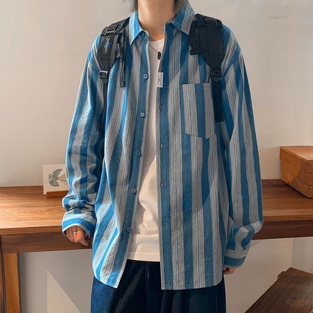 【予約販売】シャツ 長袖 メンズ ストライプ柄 ブルー オーバーサイズ カジュアル こなれ感 お洒落 韓国 トレンド 春 M/L/XL/2XL
