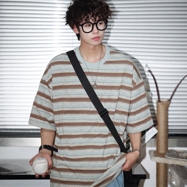 全3色ボーダー柄クルーネック半袖Ｔシャツ