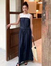 切り替えデザイン デニムライク ロングワンピース