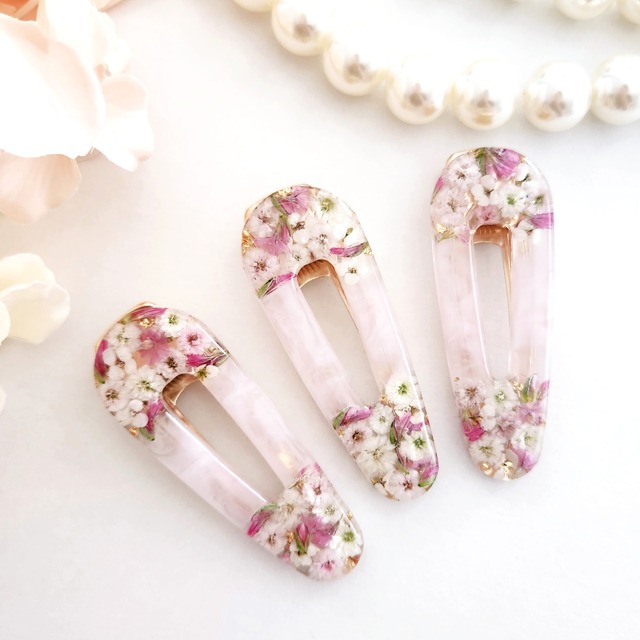 ピンク好きのためのヘアクリップ୨୧スターチスとカスミソウぎっしりヘアピン