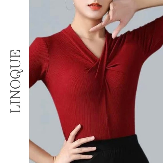 Vネッククロススリム五分袖トップス 3color 【L00196】