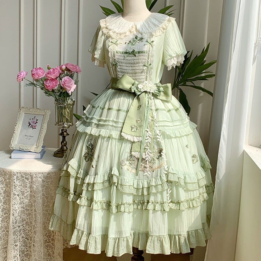 クラロリ｜森ガール風フリルワンピース4点セット（ライトグリーン