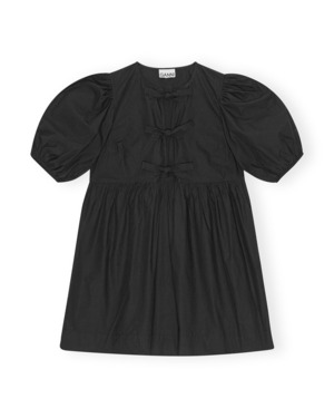 【GANNI】BLACK COTTON POPLIN TIE STRING MINI DRESS