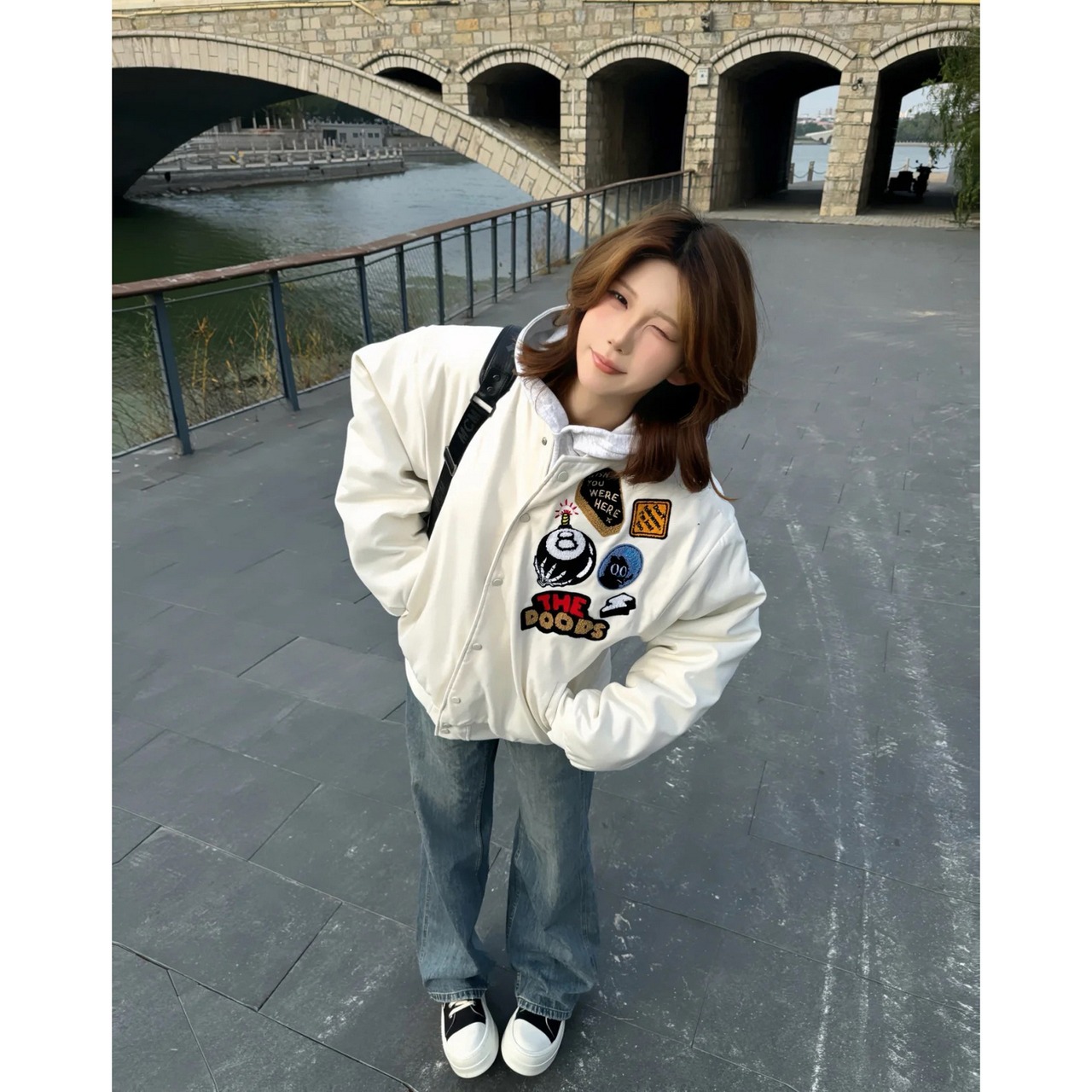 【暖かさUP】ブラック8刺繍 中綿スタジャン T1398