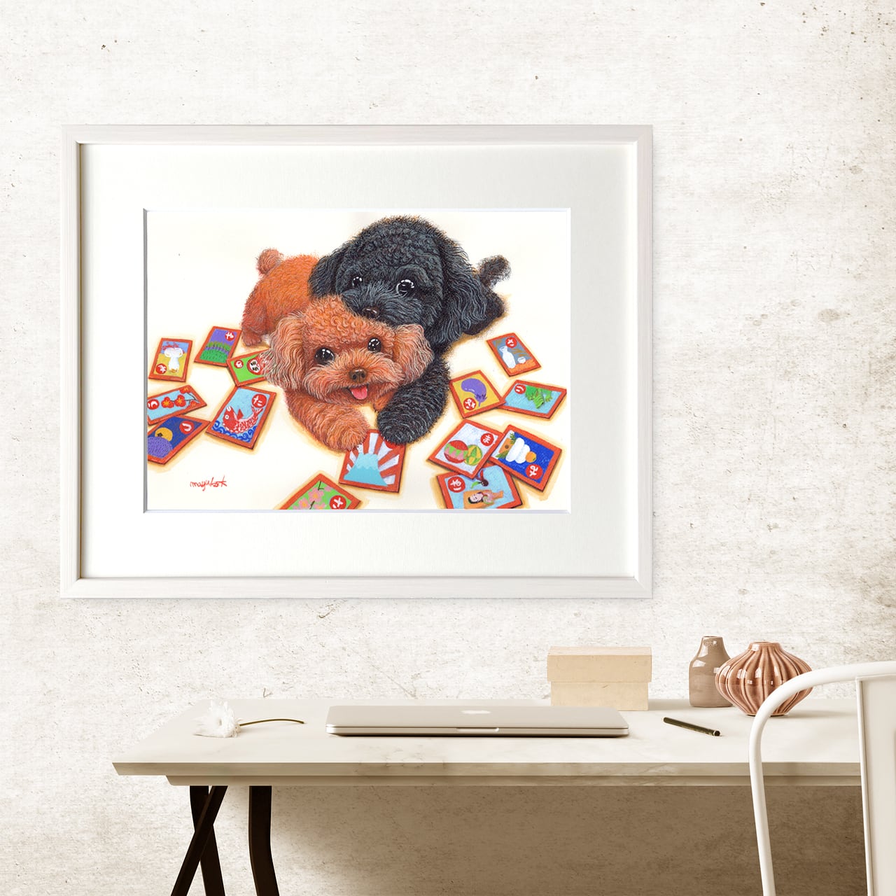 トイプードル】うちの子絵画『初遊び／かるた』イラスト（額・マット