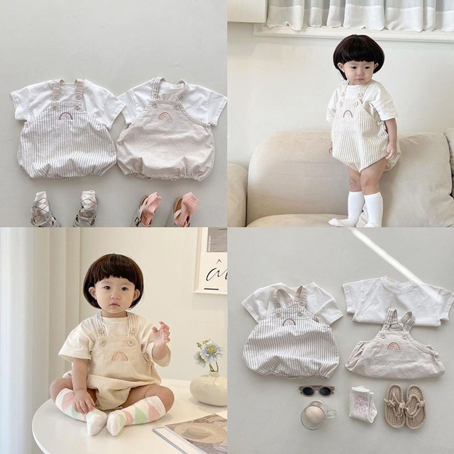 【BABY】夏作レインボー刺繍サロペットロンパース