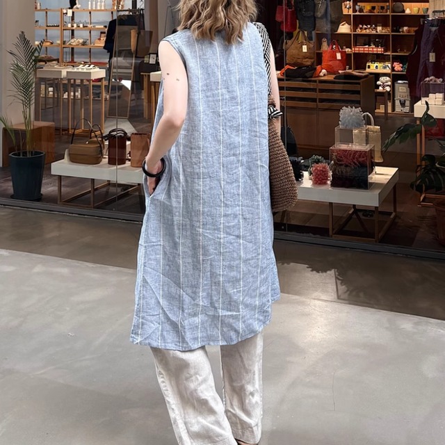 Vネック ロング シャツワンピース ノースリーブ  3color 00081