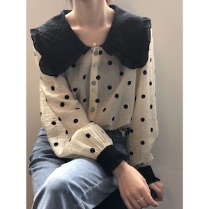 dot black collar blouse<t843>