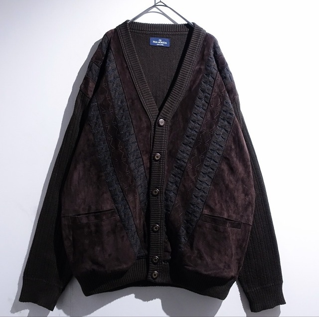 90s "MALAGRIDA" Brown Suede x Knit Panel Design Cardigan Made in Italy