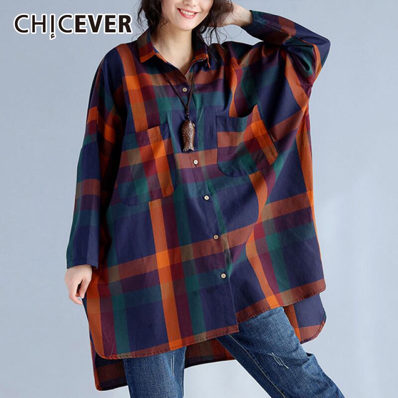 CHICEVERチェック柄シャツレディースラペルカラー長袖ヒットカラースプリットプラスサイズルーズブラウス2020タイド ロング 大きめサイズ 6base58998791841