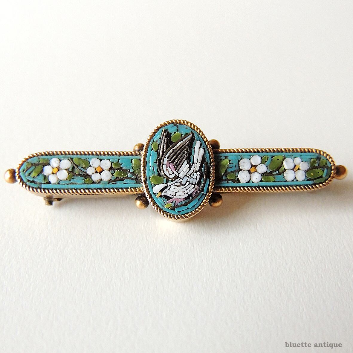 イタリアアンティーク マイクロモザイク 鳩と小花 バーブローチ