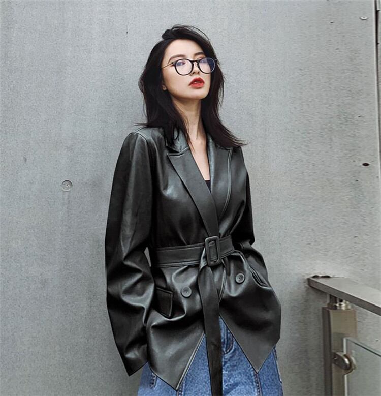 韓版 ゆったりする バンディング ラペル 長袖 PUレザー コート スリム 気質 sweet系 おしゃれな