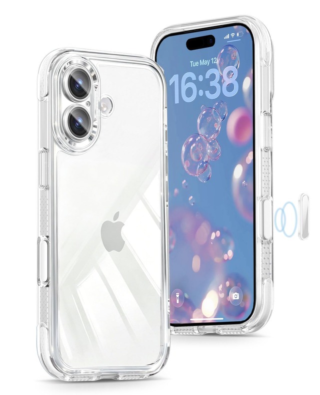 DAMESINE iPhone 17用ケース クリア 薄い軽量 透明 四角エアバッグ衝撃吸収 黄ばみしない カメラコントロールボタン付き 着脱式カメラカバーキラキラ 4K高透過率ガラスフィルムレンズ保護 防塵ネット 可愛い アイホン17ケース ホワイト