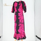 フラダンス 衣装 ワンピース ドレス ブラック系 ピンク系 ツーカラー スリット パフスリーブ ハイビスカス柄 モンステラ柄 かわいい 華やか 鮮やか 黒 ダンス衣装 ハワイアンダンス レディース ハワイアン アロハ ハワイアンプリント ダンス レッスン 練習