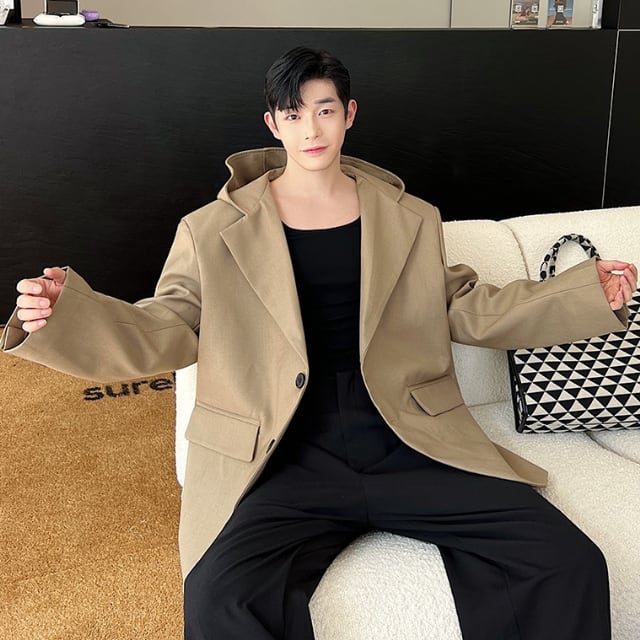 【予約販売】ジャケット フード付き 長袖 メンズ 無地 ベージュ ブラック シンプル カジュアル シック こなれ感 お洒落 韓国 トレンド 春 秋 夏 M/L/XL