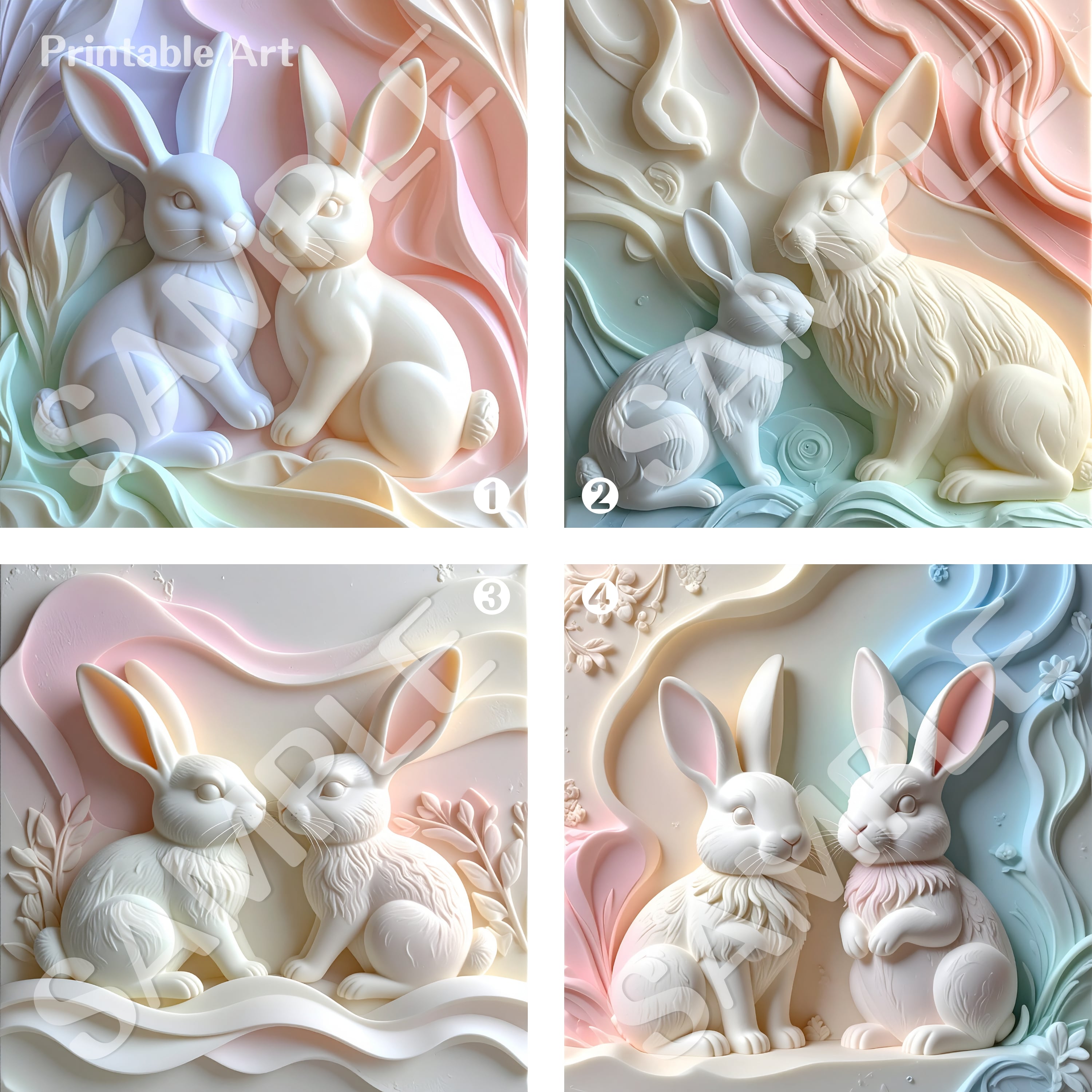 【ダウンロード専用】うさぎの石鹸彫刻アート｜４種セット｜プリンタブルウォールアート