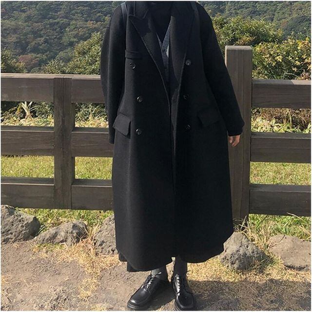 【予約販売】コート ロング丈 テーラード 襟 ブラック ビックシルエット ウールコート レディース 秋冬 アウター S,M,L 長袖 ゆったり ルーズ シンプル 無地