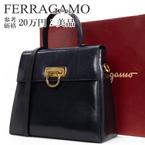 本物 送料無料 フェラガモ 2WAYショルダーバッグ ハンドバッグ レディース リザード型押し ネイビーブルー 斜め掛け ロゴ 鞄 バック L211